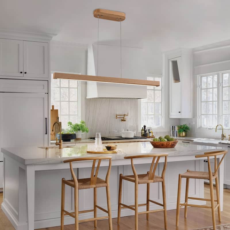 Starsky 1-Light Farmhouse Rustic Wooden Integrated LED Linear Kitchen Island Light 3000K Warm Light Chandelier