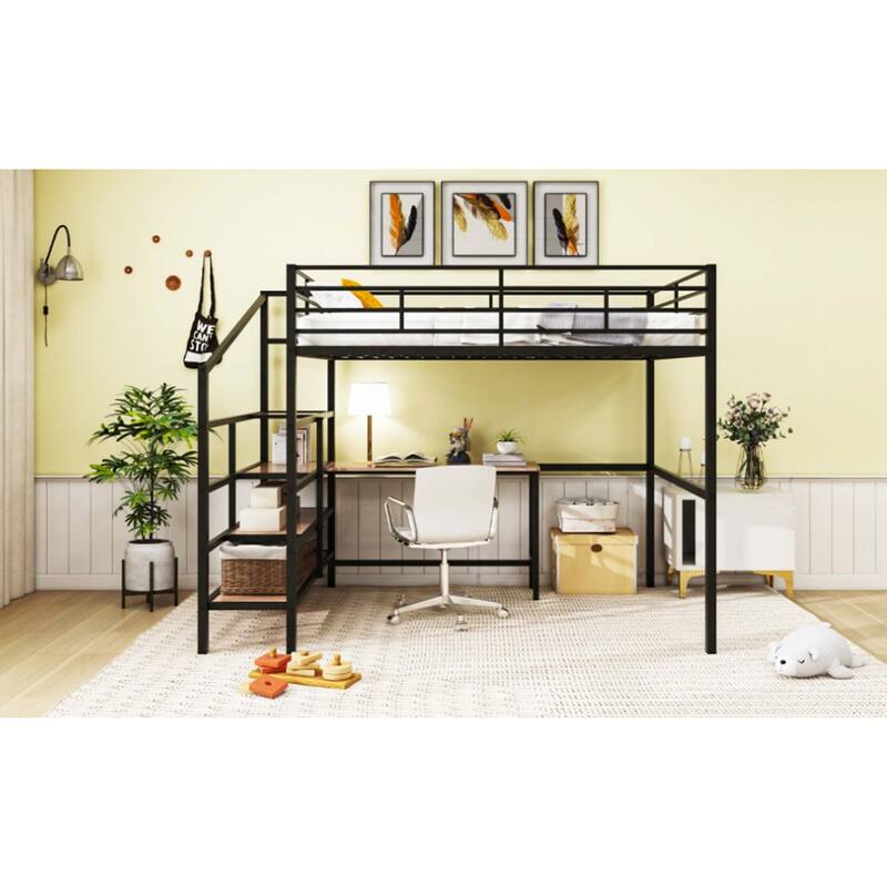 Full Size Metal Loft Bed with Desk and Lateral Storage Ladder