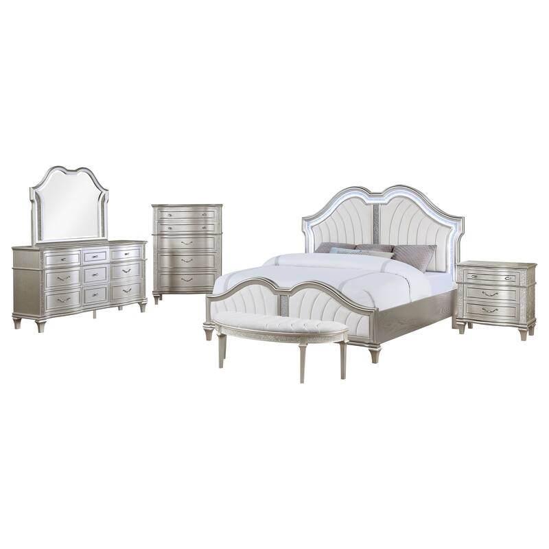 Nive 5pc Queen Bedroom Set, Silver, Ivory Channel Tufted Upholstery