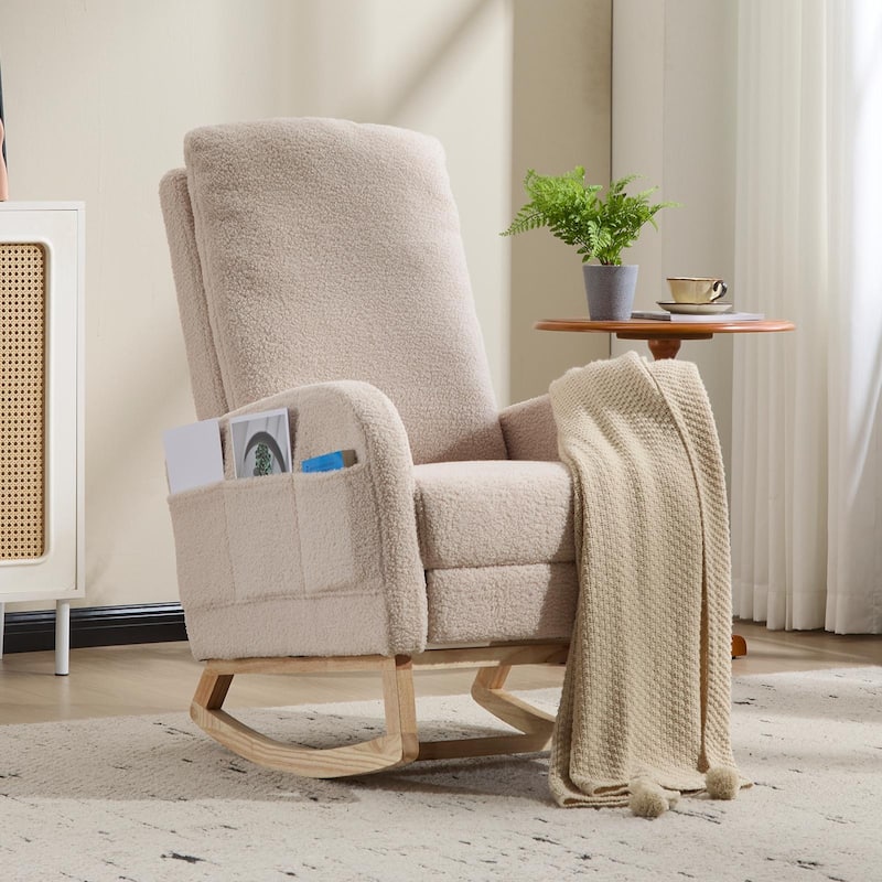Wood Rocking Chair with Teddy Fabric and Side Pocket - 24.8"L x 29.5"W x 40.9"H - Beige