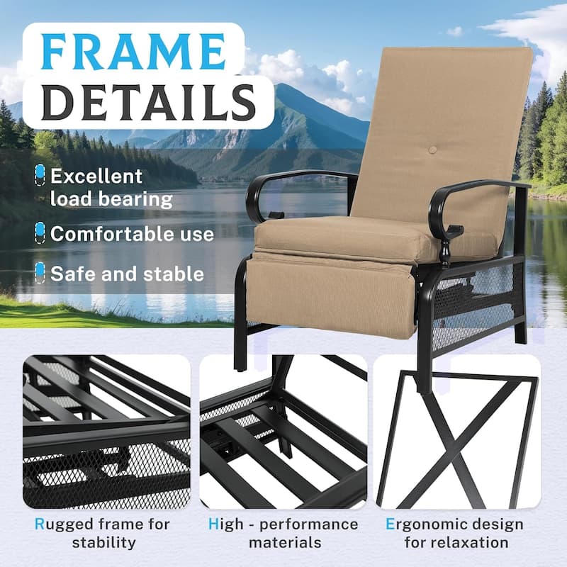Outdoor Metal Patio Adjustable Recliner Lounge Chair & Bistro Table Set, Retractable Steel Frame and Removable Thick Cushion