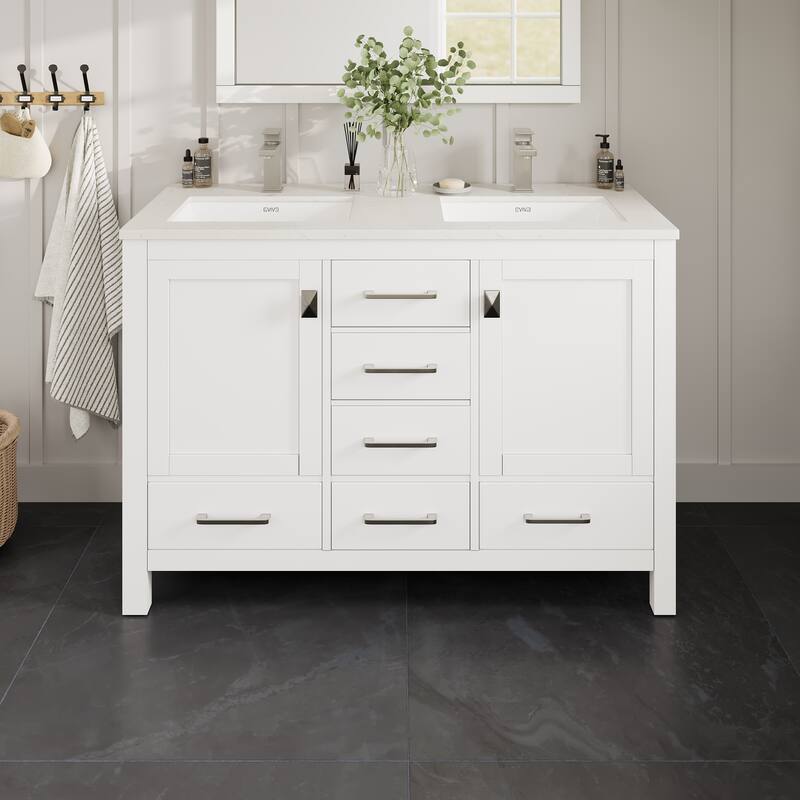 Eviva London 54"W x 18"D White Double Sink Bathroom Vanity with White Carrara Quartz Vanity Top
