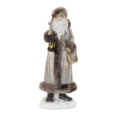 22" Tall Resin Traditional Hooded Santa Figurine in Brown Beige with Lantern for Holiday Home Decoration - 8.5”L x 7.25”W x 22”H