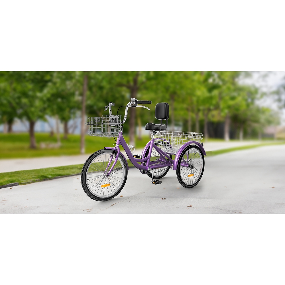 24Purple Adult Tricycle 3 Wheel Bikes 1 Speed Trike Bike 24