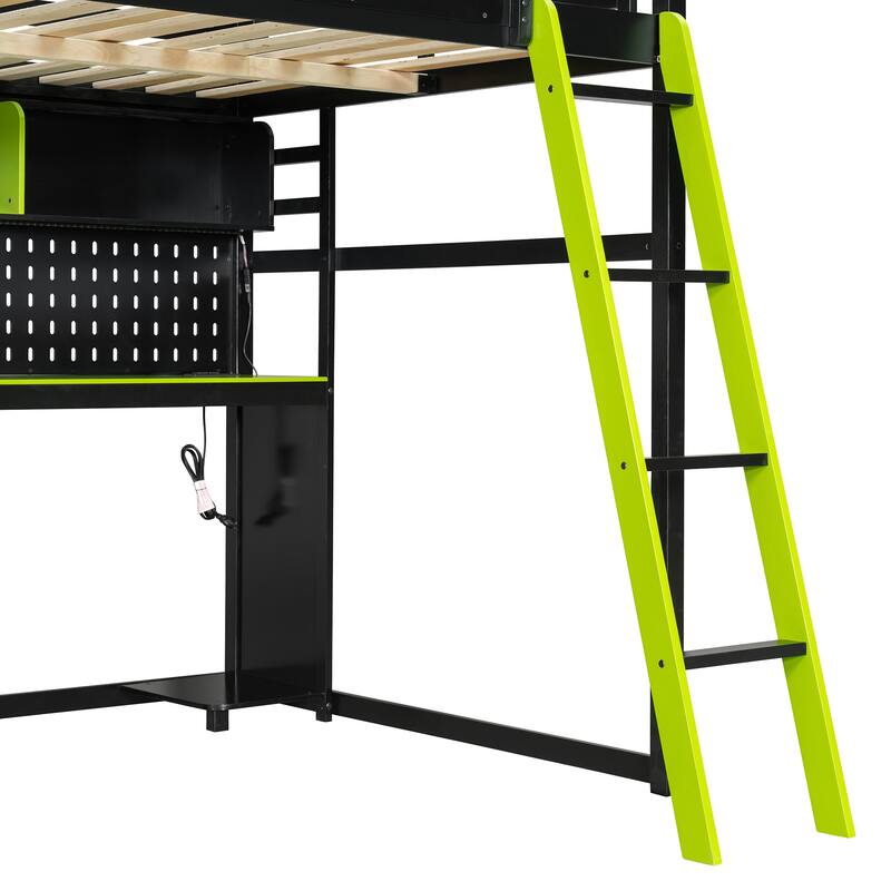 Full Size Gaming Loft Bed with Desk, Shelves, LED, USB and Pegboard