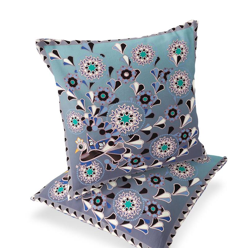 HomeRoots Set of Two 16" X 16" Blue and Purple Peacock Blown Seam Floral Indoor Outdoor Throw Pillow - 16.00' X '16.00' X '5.00