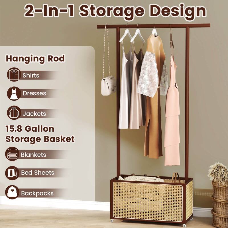Costway Bamboo Clothes Rack with Rattan Storage Basket & Wheels, - See Details