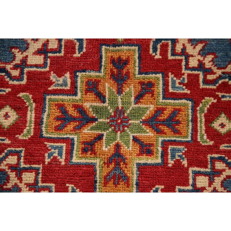 Kazak Oriental Accent Rug Hand-Knotted Blue Geometric Wool Carpet - 3'2"x 4'7"