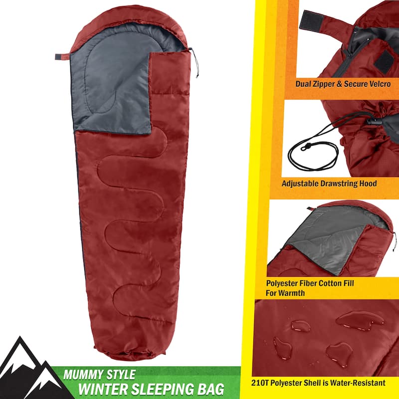 Mummy Sleeping Bag - Cold Weather Sleeping Bag - Waterproof with Drawstring Hood - Camping Equipment by Wakeman Outdoors