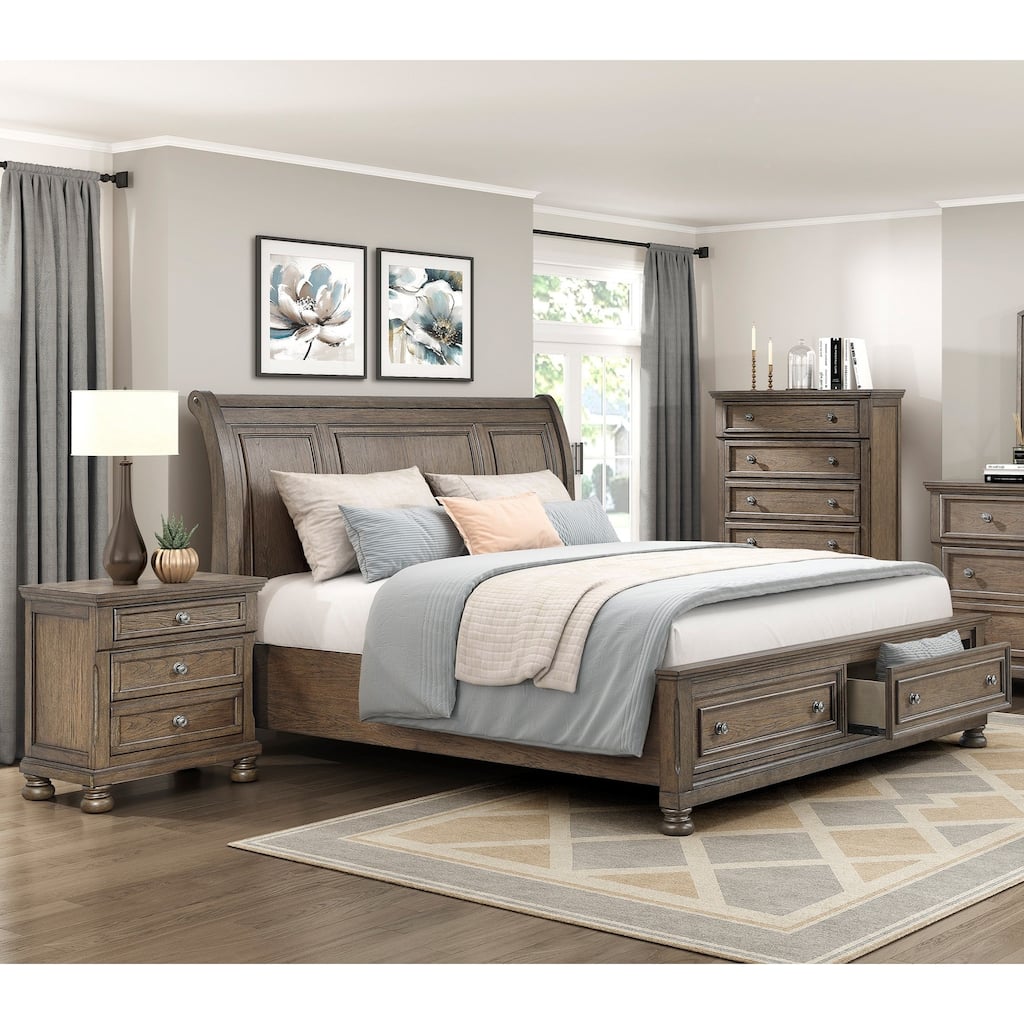 3pc Classic Bedroom Furniture Storage Bed Chest Nightstand Set Brown Finish