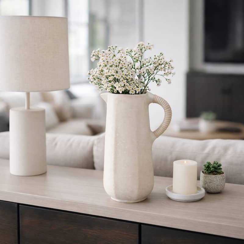 Pottery Vase with Woven Rattan Handle - Tall Flower Vase - 11.5"