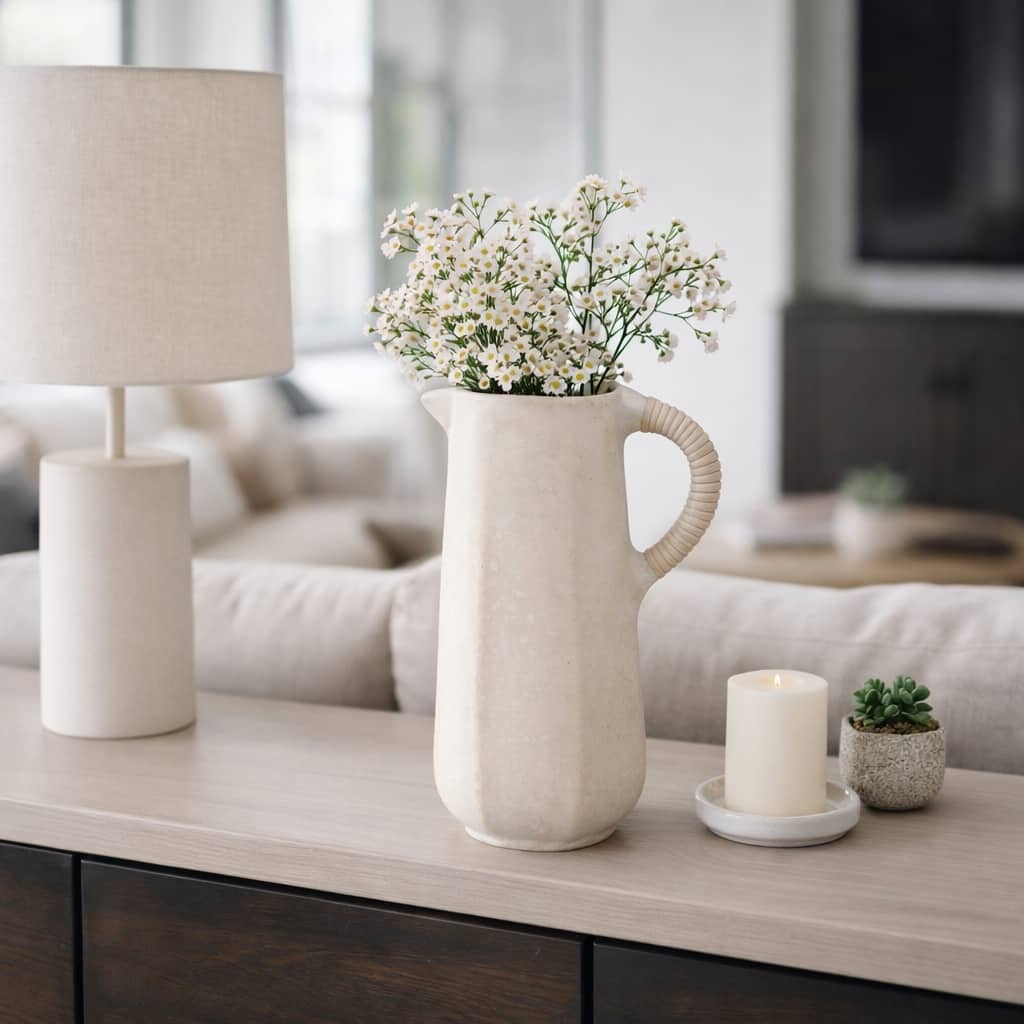 Pottery Vase with Woven Rattan Handle - Tall Flower Vase