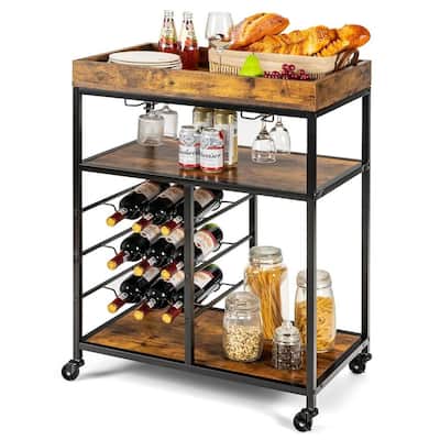 3-Tier Vintage Waterproof Coating Microwave Oven Stand for Kitchen and Living Room, Open Food Storage Shelf with Hooks