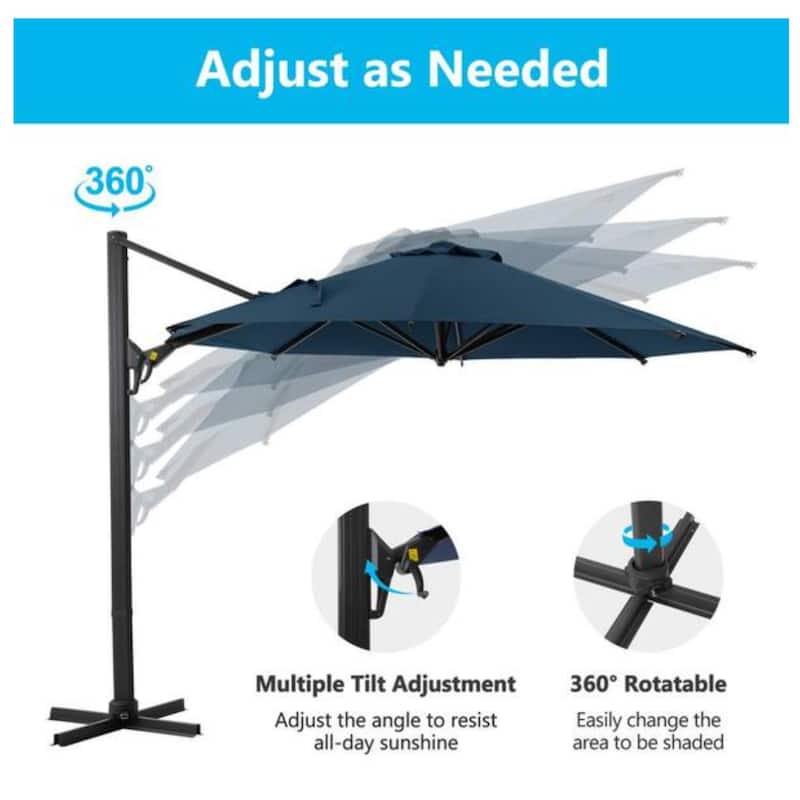 11 Ft Blue Round Cantilever Patio Umbrella with 360° Rotation tilt Adjustment