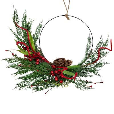 Mixed Greenery and Berry Artificial Asymmetrical Christmas Wreath 18-Inch Unlit - 18"