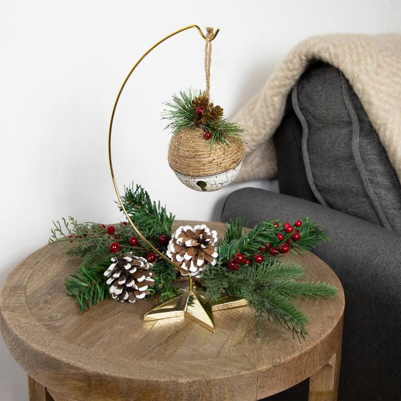 4.75" Green Pine Cone Holly Berry Jingle Bell Christmas Ornament
