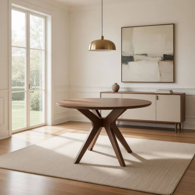 Jeyn Round Dining Table, Modern Curved Base, 45 Inch Brown Mango Wood
