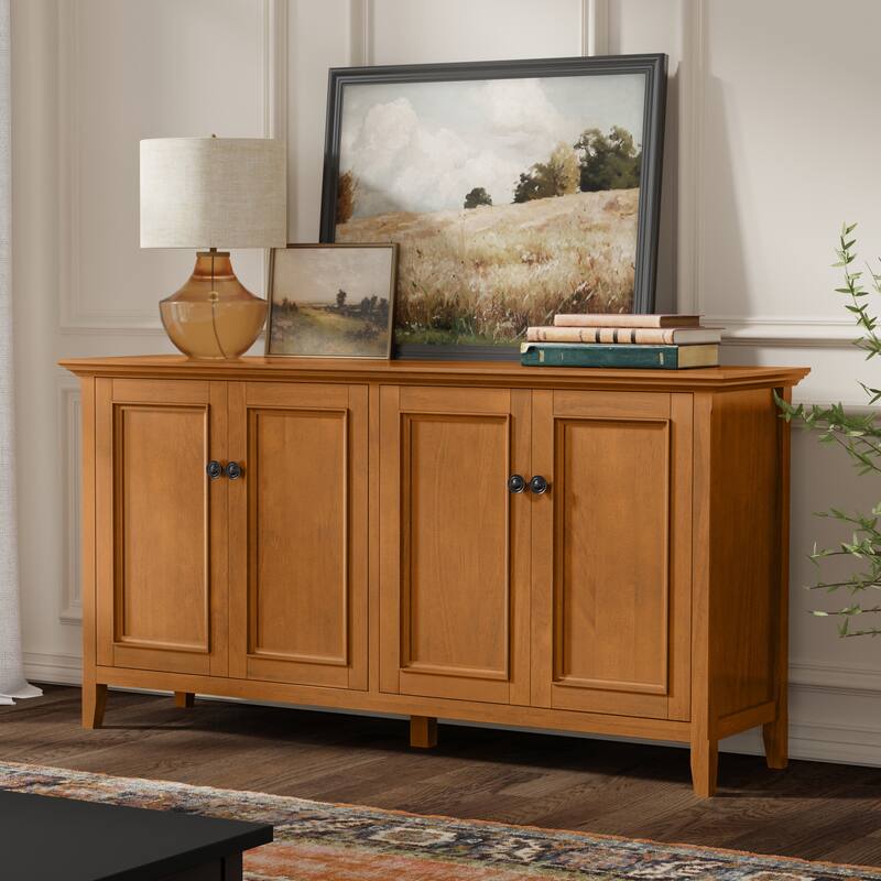WYNDENHALL Halifax SOLID WOOD 66" Wide Transitional Wide 4Door Storage Cabinet - 18"d x 66" w x 34"h - Light Golden Brown