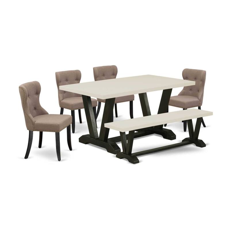 HomeStock 6-Pc Rectangle Natural Oak Finish Solid Wood Top Dining Table with 1-Bench, 4-Chairs