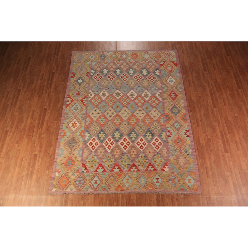 Geometric Kilim Area Rug Hand-Woven Wool Carpet - 8'5"x 11'1"