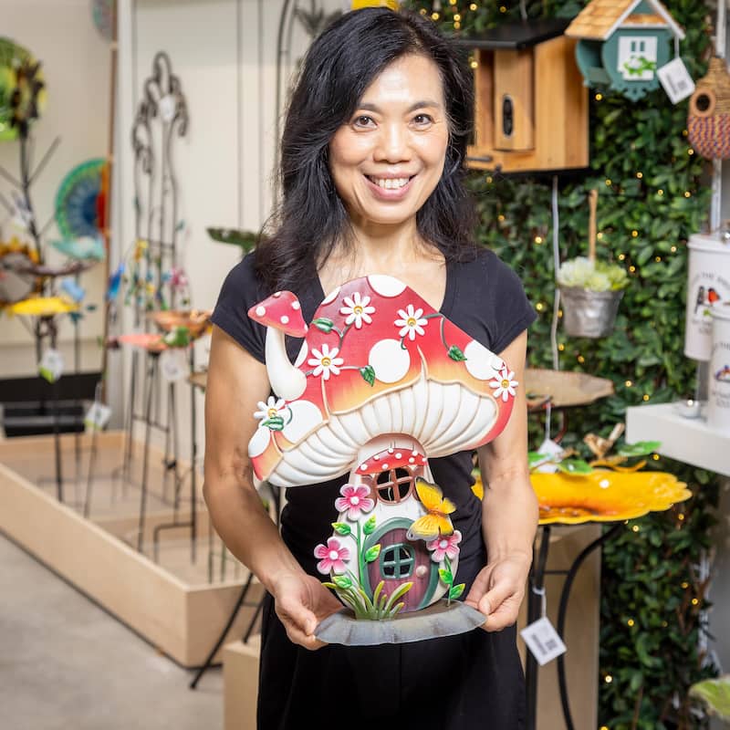 LED Metal Floral Mushroom House Statuary, 16"H