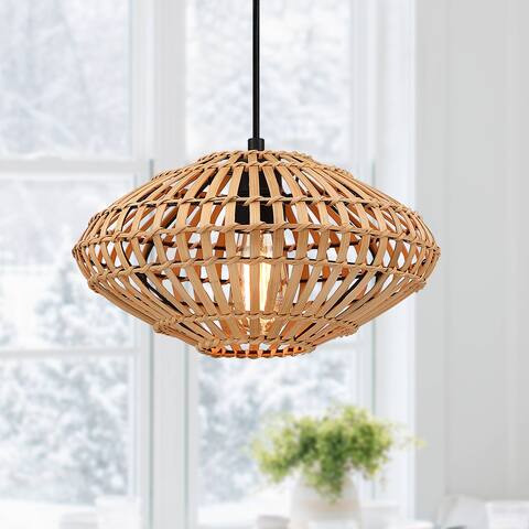 True Fine Eclectic Natural Rattan and Bamboo Island Mini Pendant Light with Black Hardware - 6.89"H