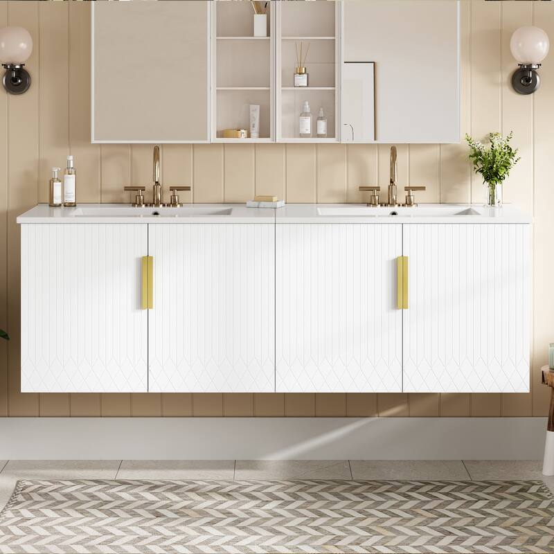 60"Bathroom Vanity with Ceramic Sink,with 3 Holes Single Ceramic Sink,Bathroom Storage Vanity Cabinet with 2 Soft Closing Doors
