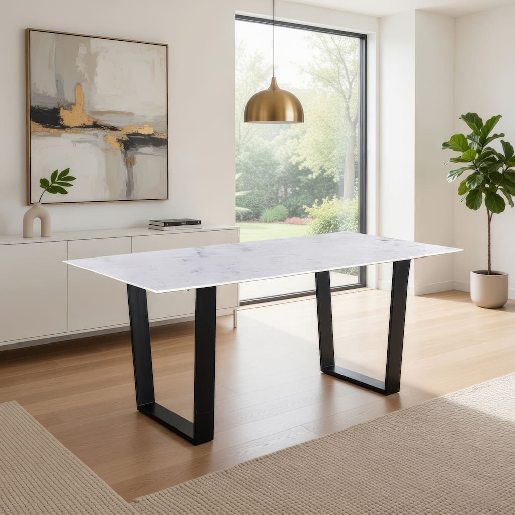 72 Inch Modern Dining Table with Marble Tabletop, Iron Legs, White ...
