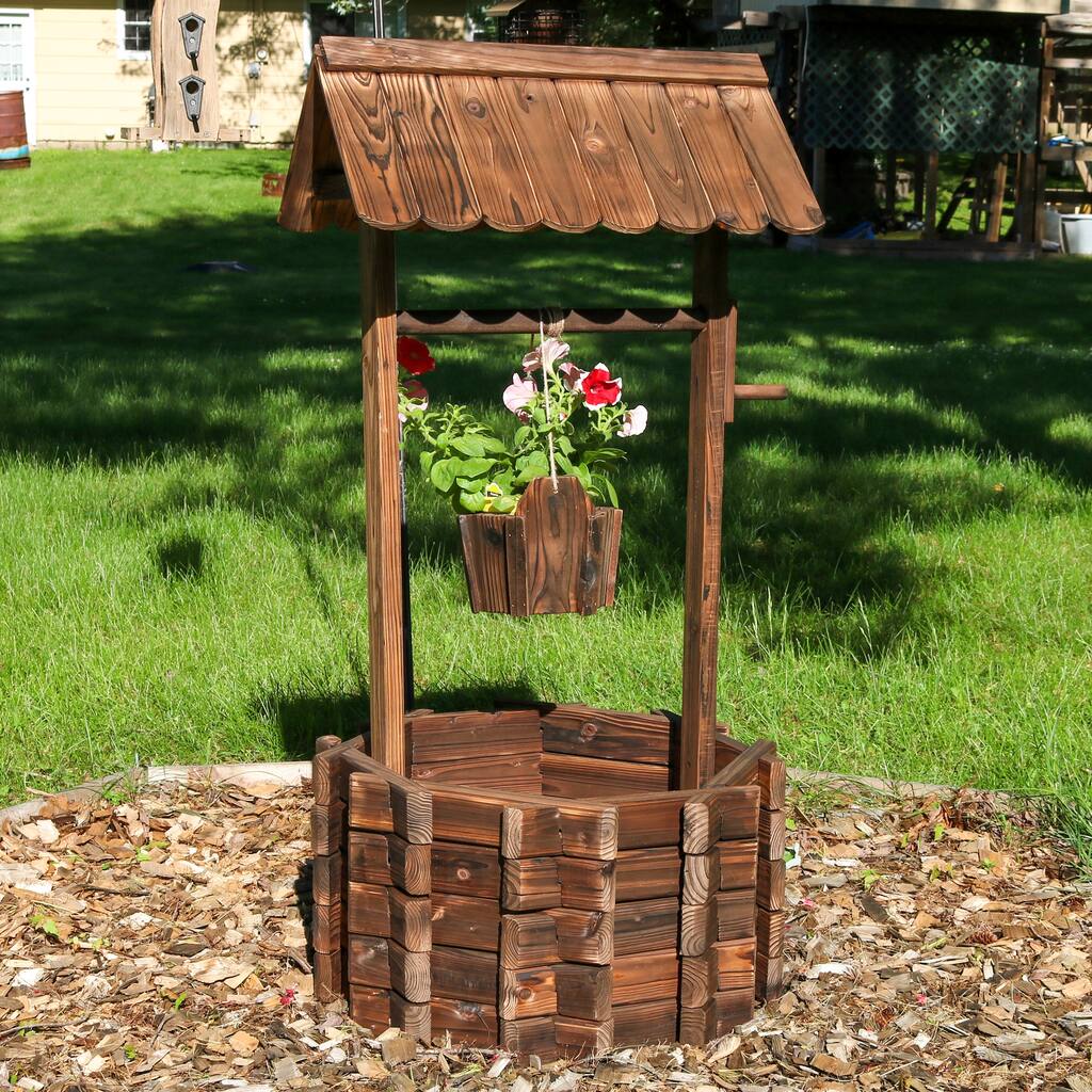 2-Tier Wooden Wishing Well Garden Planter Outdoor Patio Garden - 45"