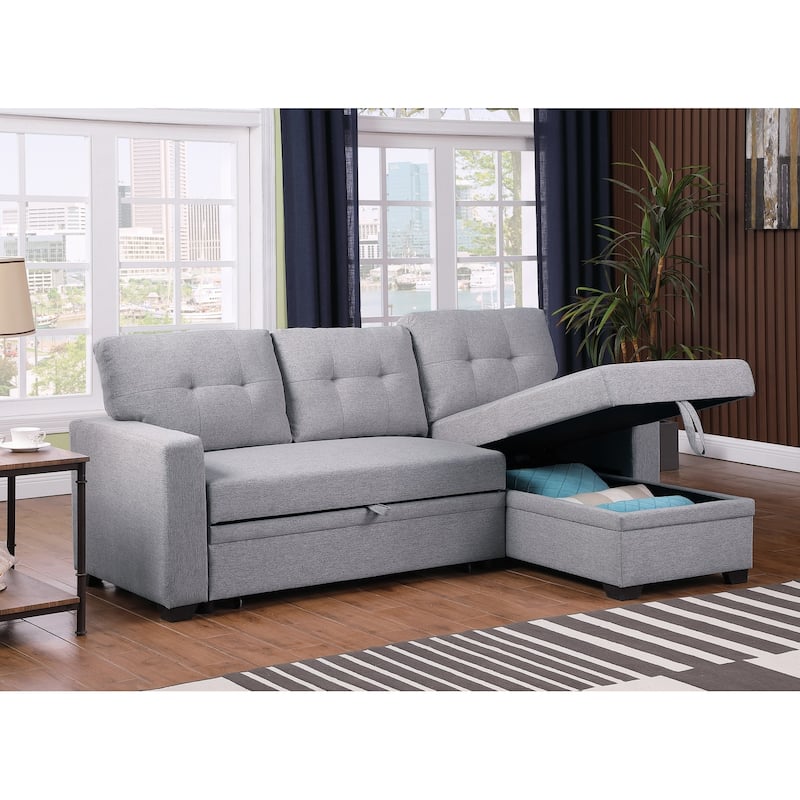 Upholstered Pull out Sectional Sofa with Chaise - Light Gray
