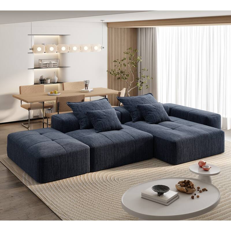 Oversized Modular Chenille Sectional Sofa with Ottoman, Chaise Lounge, 1 Armrest and 4 Pillows for Living Room - Blue