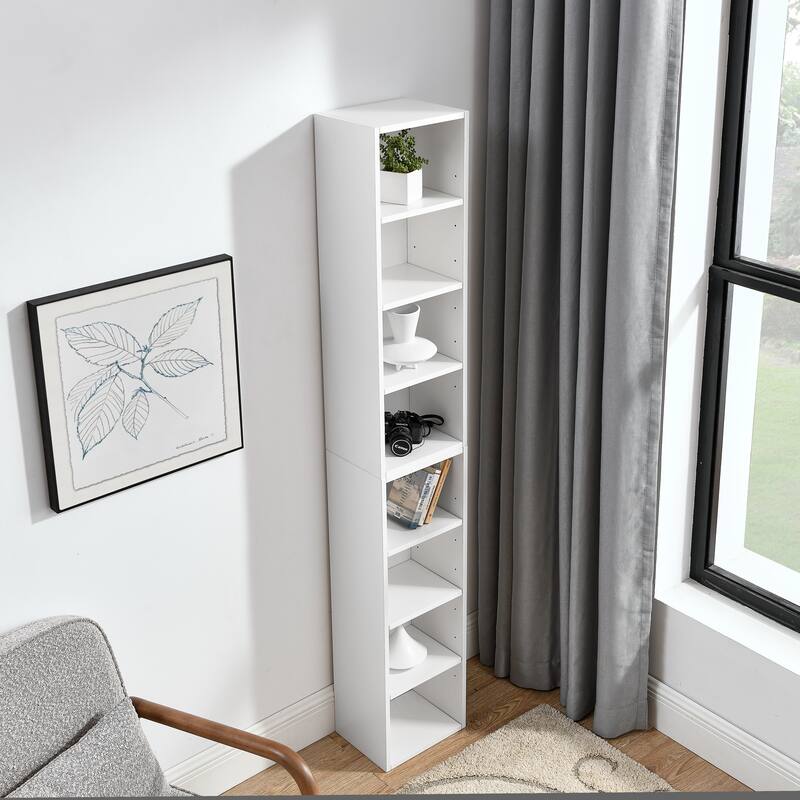 Roomfitters 8-Tier Tall Narrow Bookcase with Adjustable Shelves, Slim Storage Tower for Books, CDs, DVDs, and Décor