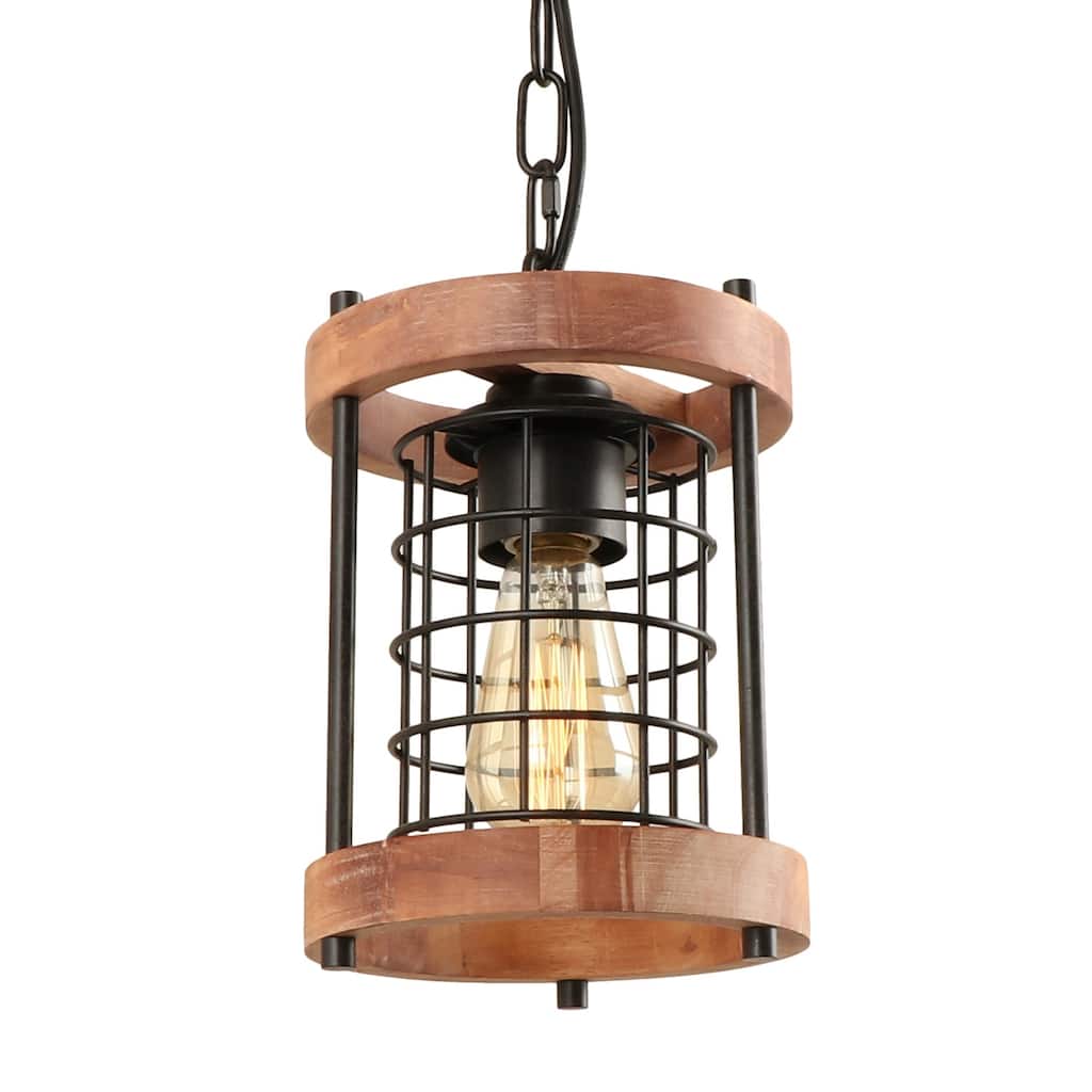 Farmhouse 1-Light Cylinder Wood Grain Metal Cage Kitchen Island Pendant Light Adjustable- Brown - D7" x H11"