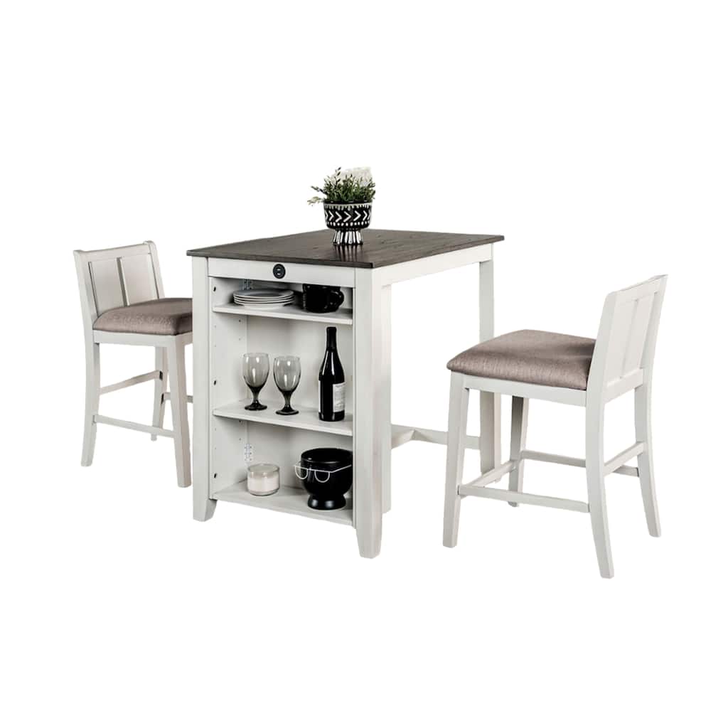 Lessi 3pc Counter Height Table Set with Side Shelf, USB , White Gray Wood