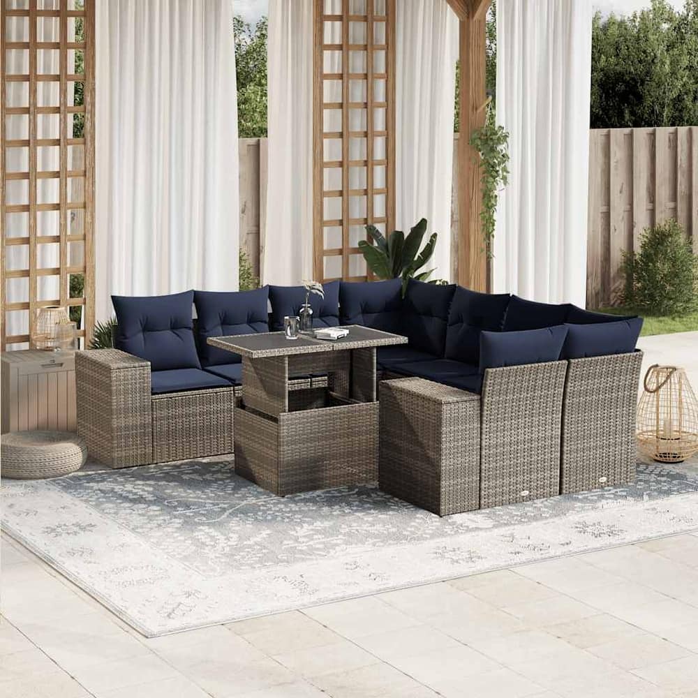 vidaXL Patio Sofa Set with Cushions Table and Couches 9 Piece Poly Rattan - 24.4 x 24.4 x 27.2