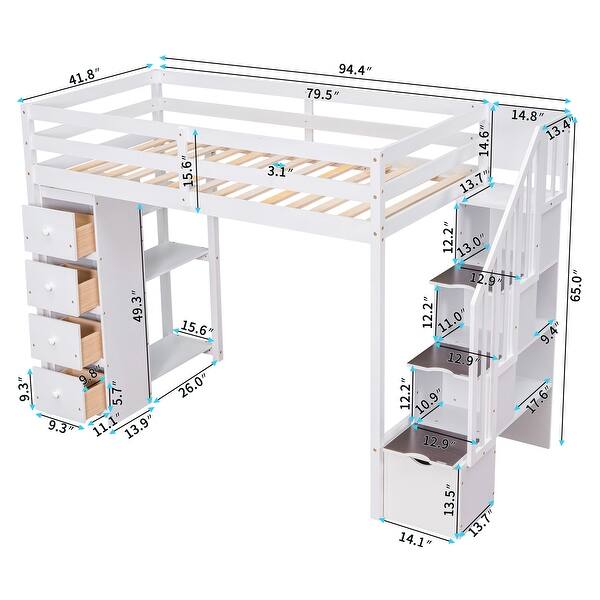 dimension image slide 1 of 3, Twin size Loft Bed with Storage Drawers, Shelves and Stairs, White
