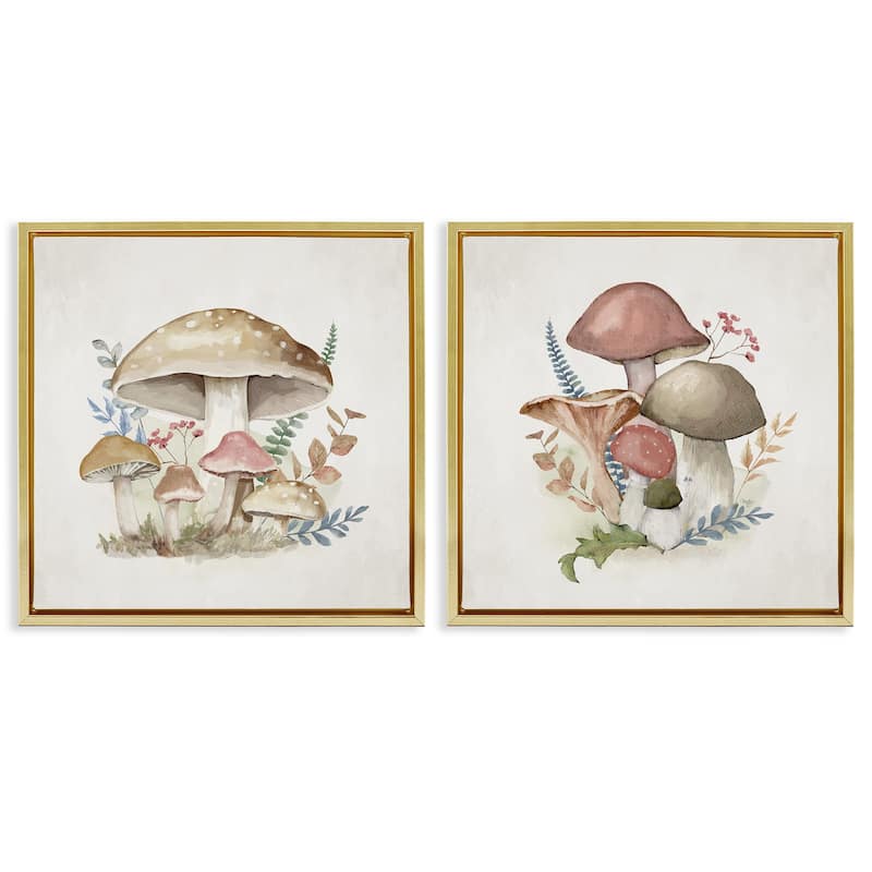 Stupell Pastel Blooming Mushrooms Framed Floater Canvas Wall Art Design By Mollie B. (Set of 2) - 25 x 25 - Gold