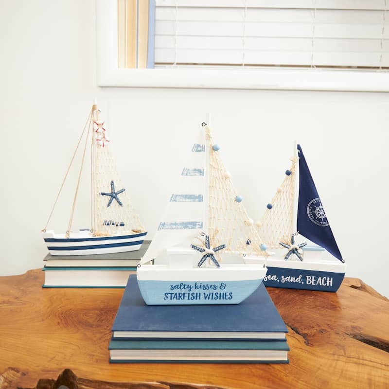 Resin Sail Boat Sculpture with Netting and Starfish Details - Set of 3 Blue - Roche River Decor - 2"W x 9"L x 14"H