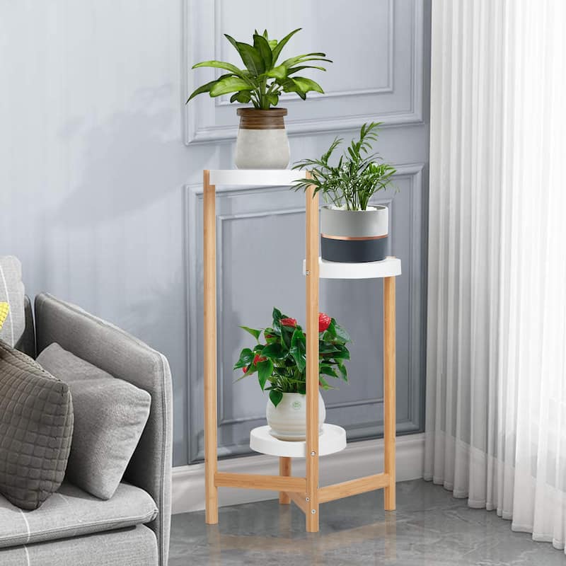 Solid Bamboo Tall Plants Stand Pot Holder Display Rack Indoor&Outdoor - Clear and White
