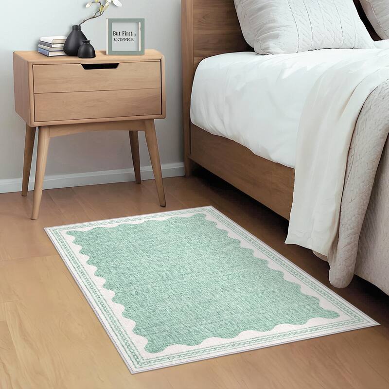 Scalloped Pattern Rugs for Living Room Bedroom Soft Non Slip Low Pile Throw Carpet Washable Foldable Area Rug