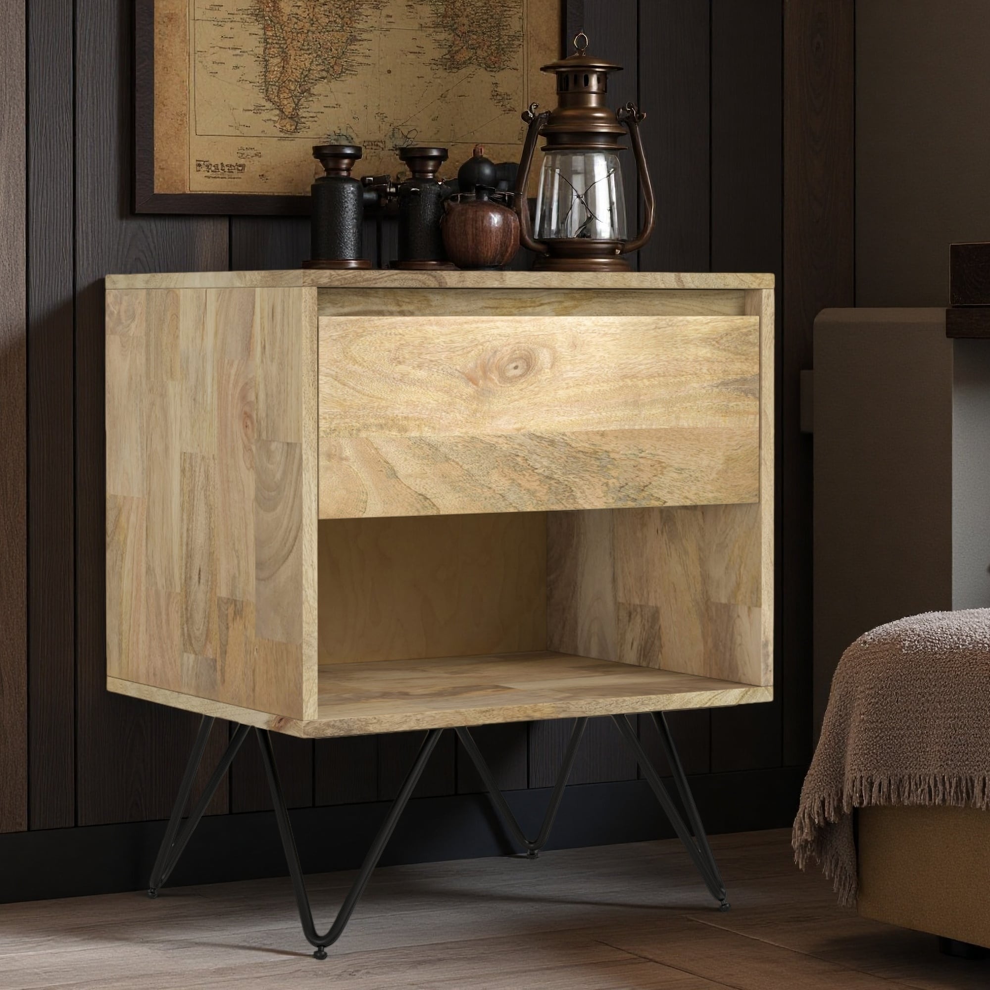 20"L Solid Mango Hardwood & Metal Nightstand, 1-Drawer Bedside Table with Open Compartment