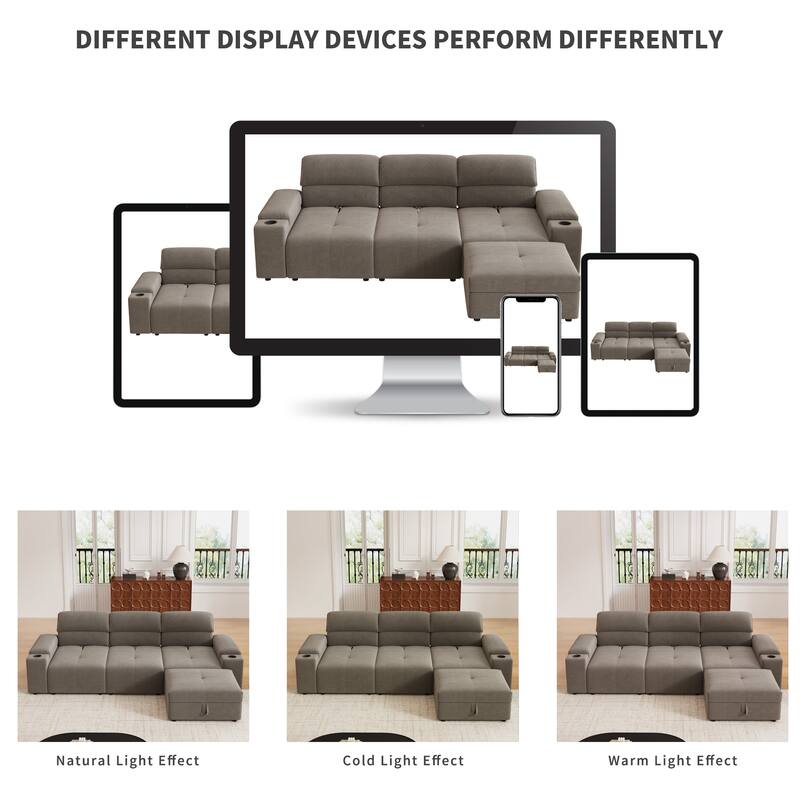 Down Filling Modular Deep Seat Couch L-shaped Sectional Sofa with Adjustable Backrest, Cup Holders, Storage Armrests and Ottoman