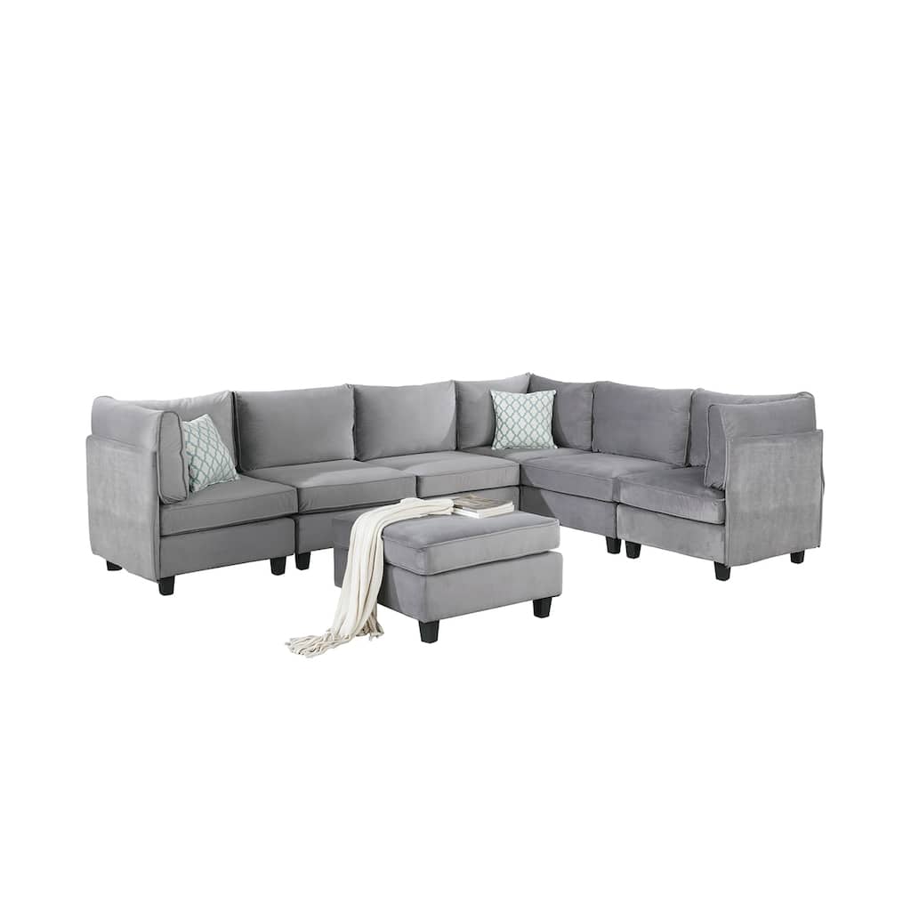 7 Piece L Shape Velvet Modular Sectional Sofa with Ottoman, Gray