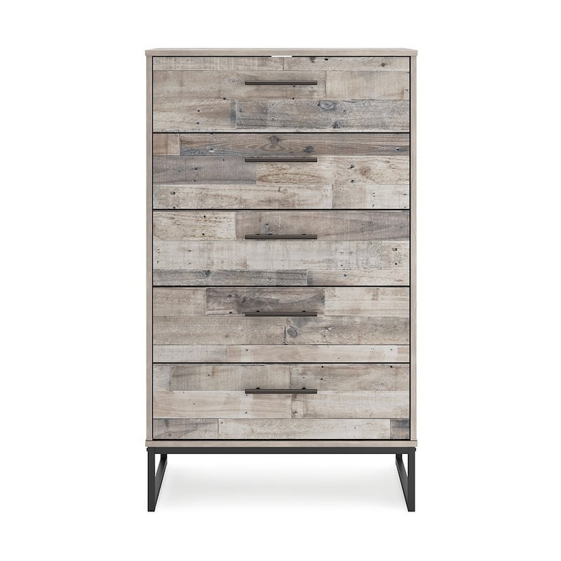 Vyne 51 Inch Tall Dresser Chest, 5 Drawers, White Woodblock, Black Metal