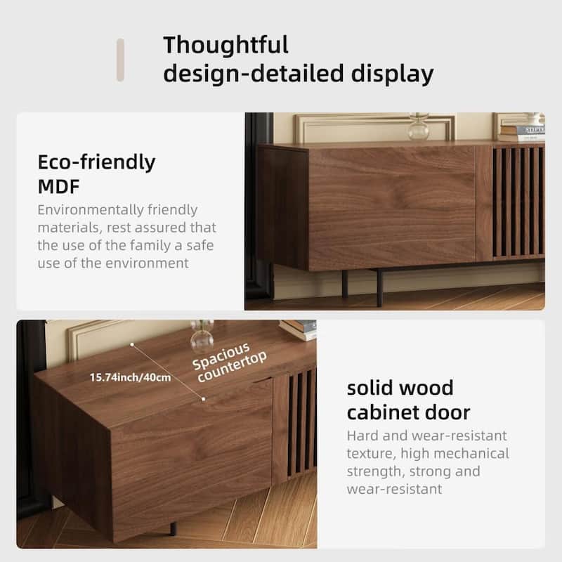Stylish mid-century modern TV stand for up to 80" TVs. Ample storage for media devices, cable management. easy assembly.