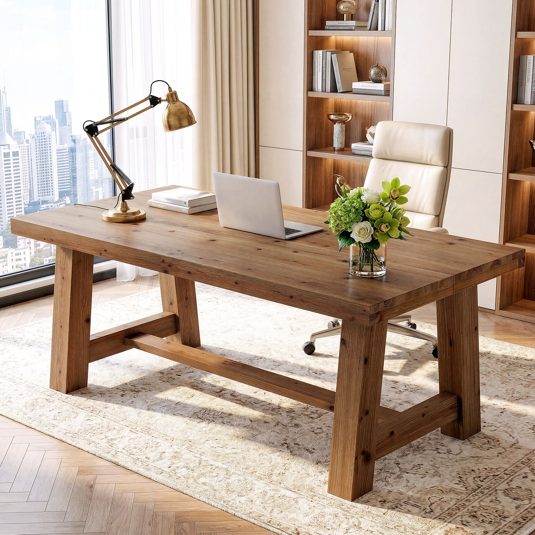 63-Inch Solid Wood Computer Desk, Large Home Office Desk, Workstation Desk for Writing, Study, Gaming