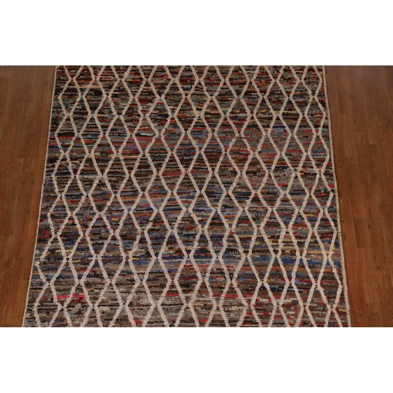 Hand Knotted Oriental 100% Wool Carpet Modern All-Over Black Moroccan Area Rug - 9' 7'' X 6' 3''