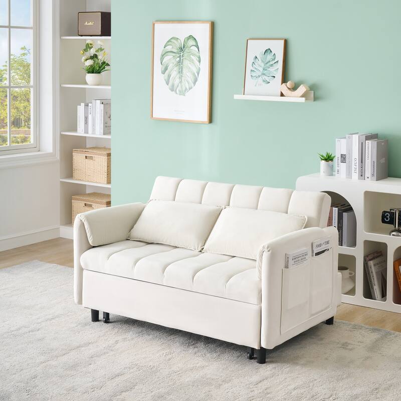 52" Beige Flannelette 3-in-1 Convertible Sofa Bed with Pillow for Living Room