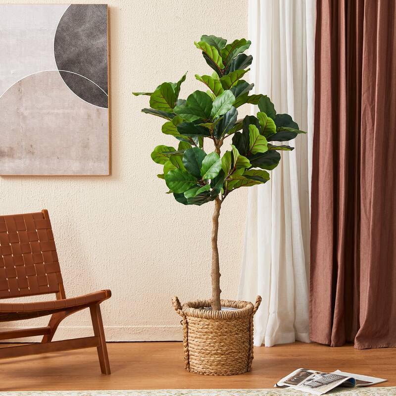 Glitzhome 5ft 61"H Real Touch Fiddle Leaf Fig Artificial Tree in Pot - 23.5"D x 61"H