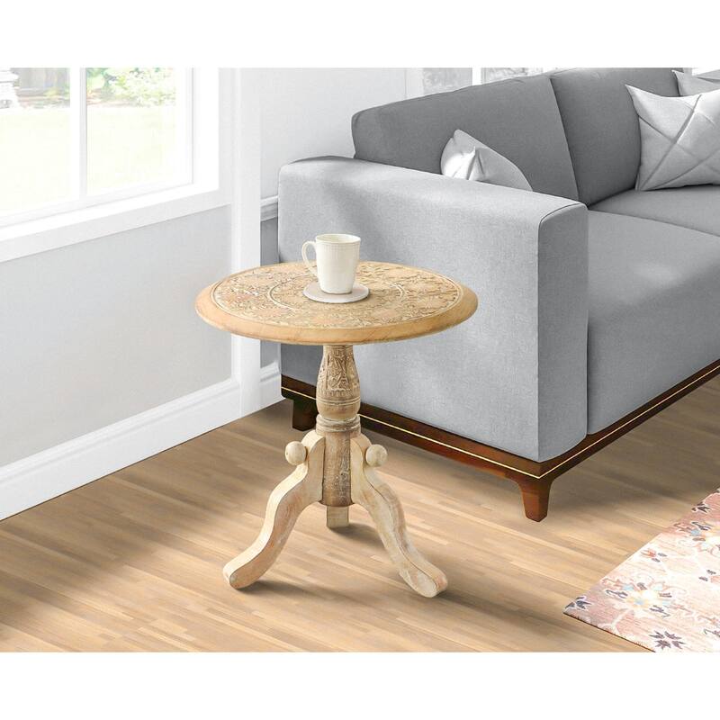 Intricately Carved Round Top Mango Wood Side End Table with Pedestal Base, Brown and White - 18 H x18 W x18 L